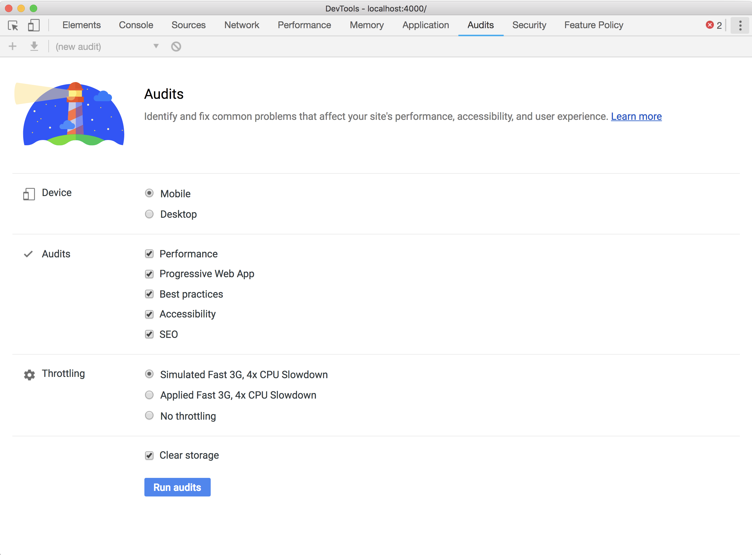 Lighthouse in the audits panel Lighthouse in the audits panel